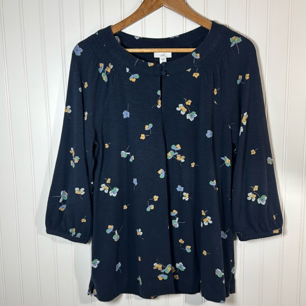 J.Jill Popover Women’s Blouse Floral Round Neck 3/4 Peasant Sleeve Size Small